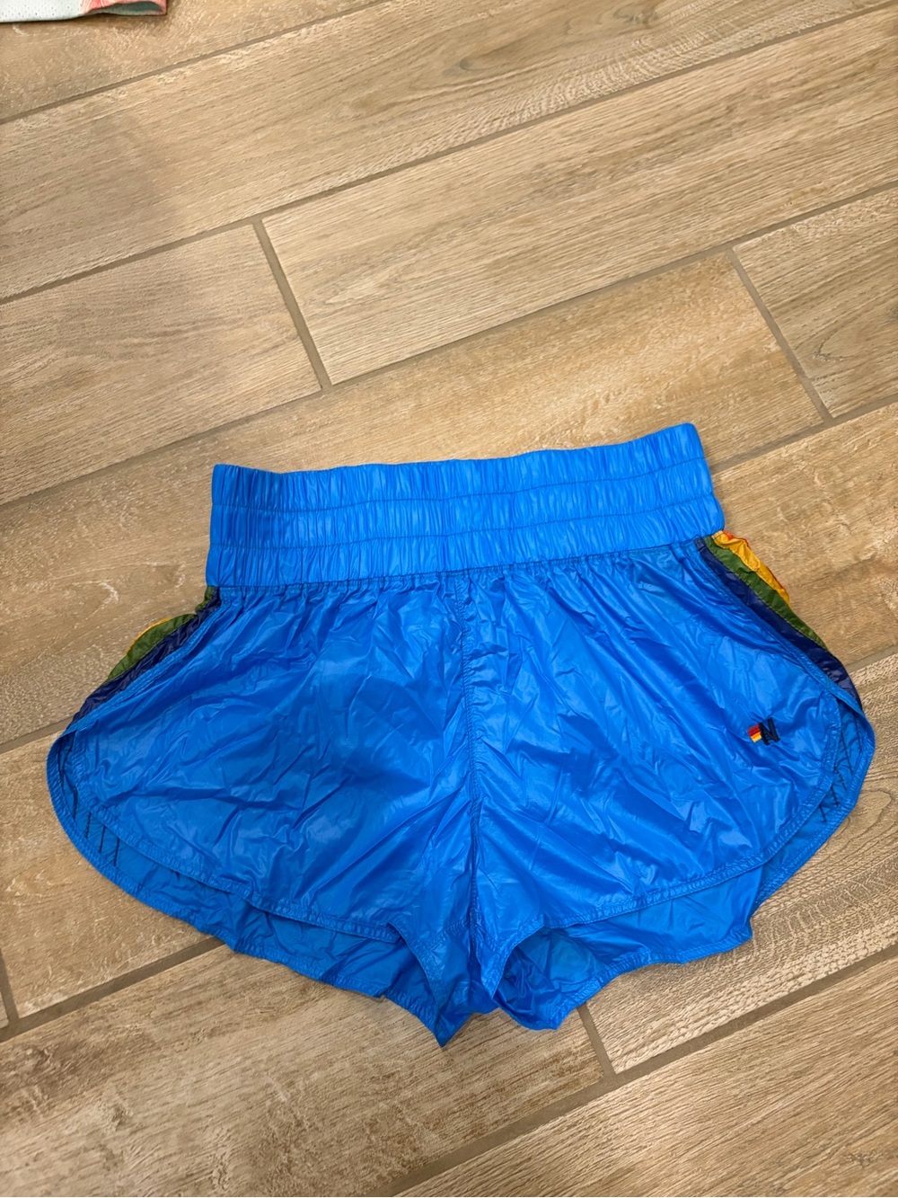 Aviator Nation High Rise 5 Stripe Nylon Jogger Shorts in blue small